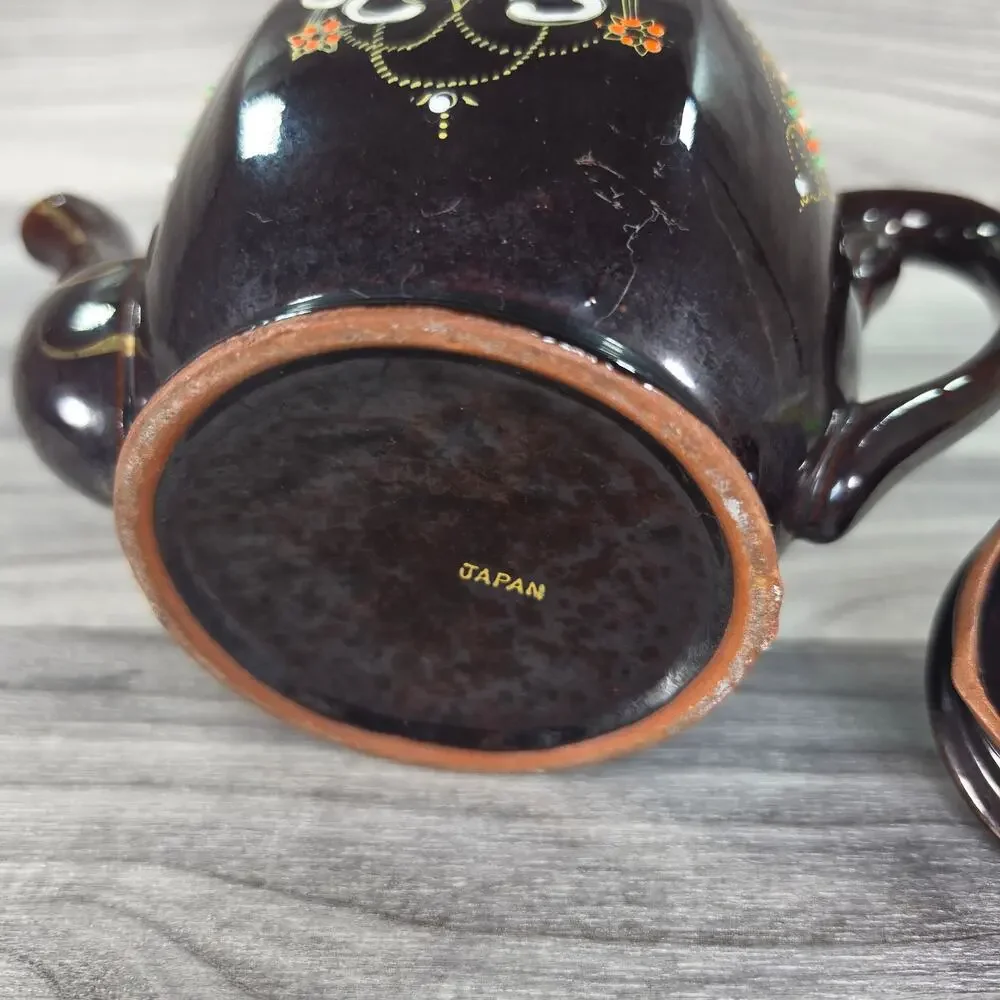 Vintage Japanese Dark Brown Teapot Hand Painted Raised Moriage Floral Gold Japan